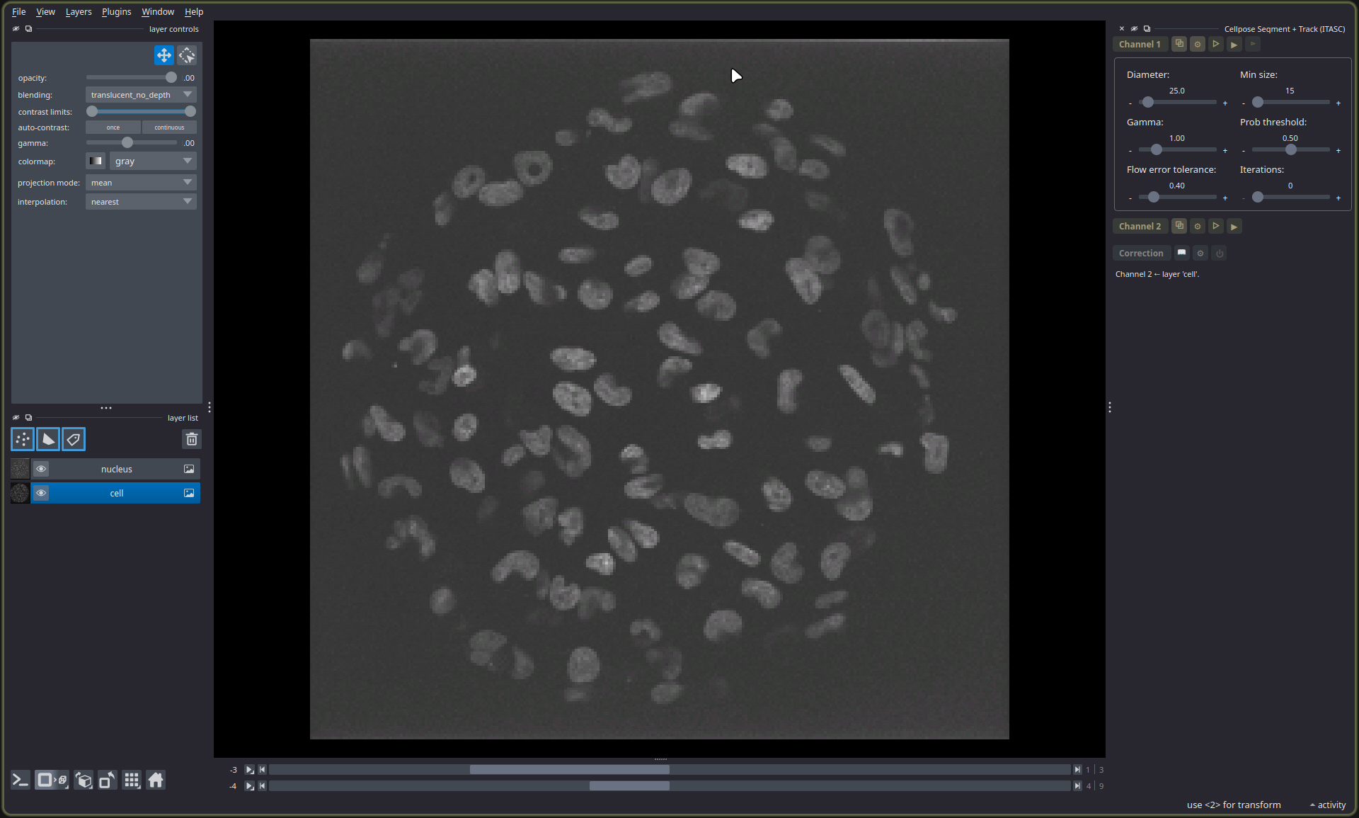 The Cellpose Segment + Track panel in napari, with nucleus and cell images bound to its two channels.